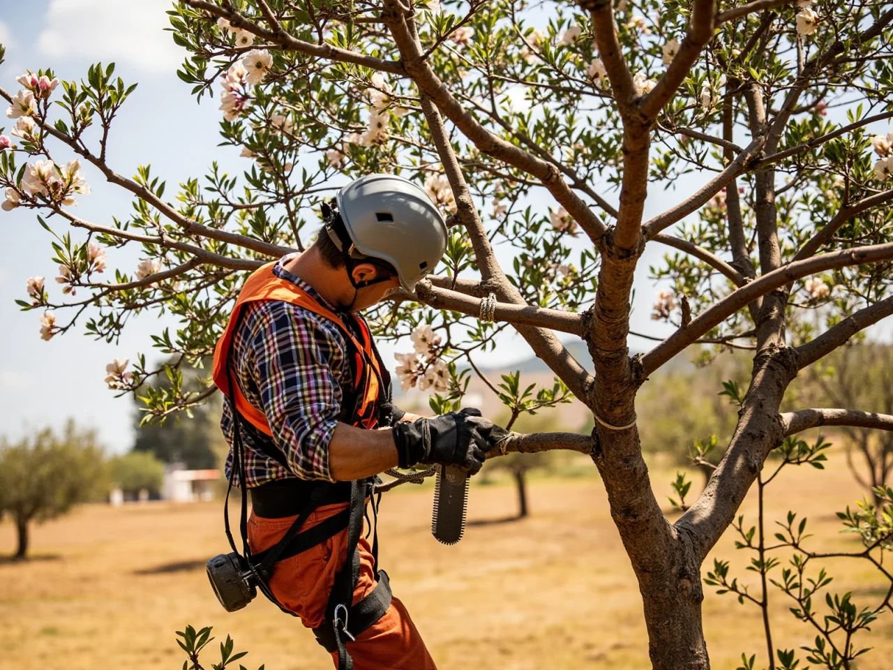Arborista con arnés naranja hi-vis y casco podando con un serrucho de mano un almendro adulto en flor en una parcela de Albacete durante una poda profesional de árboles frutales.