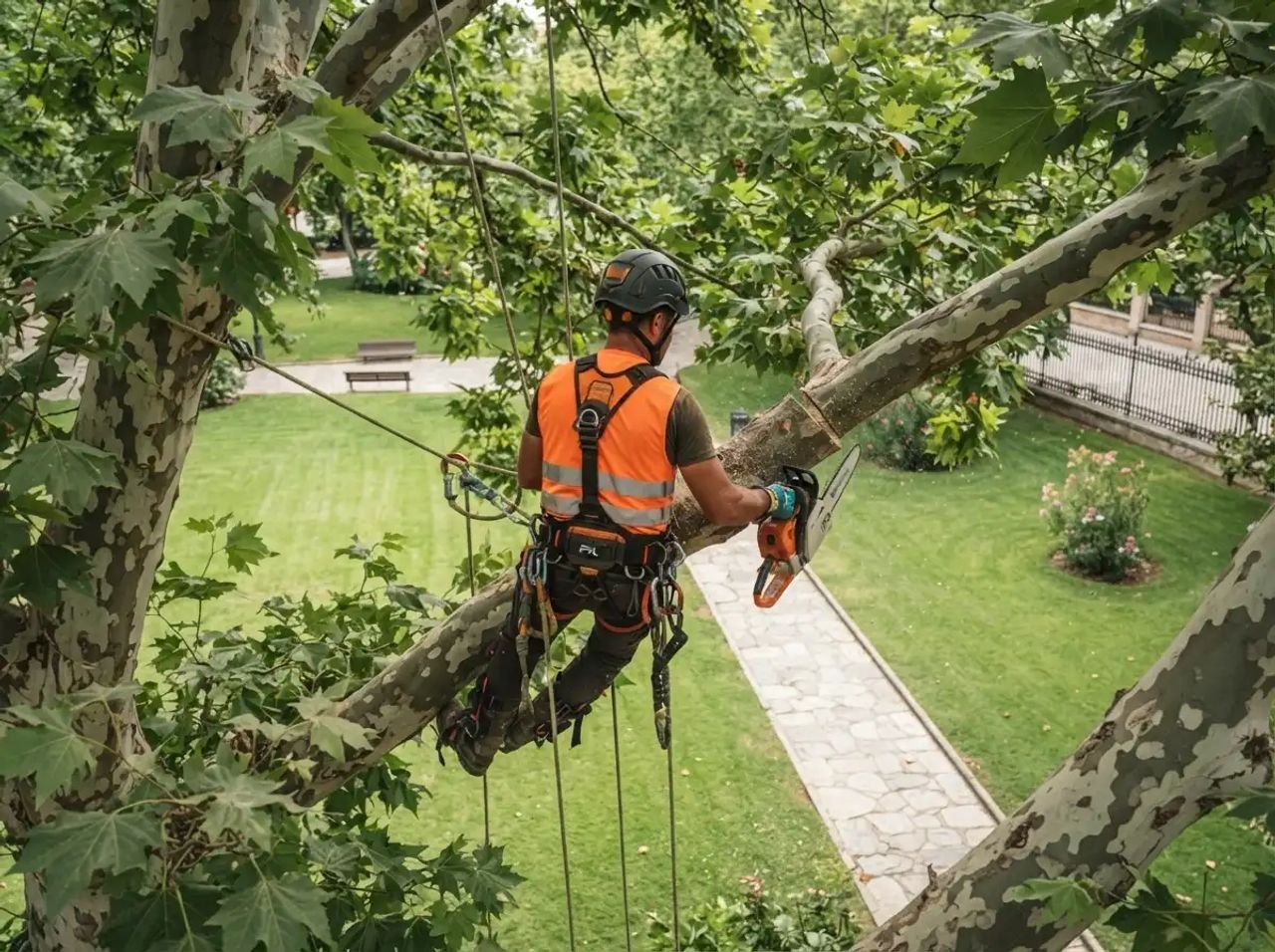 Arborista con arnés naranja y casco podando con motosierra un árbol de hoja caduca en un parque durante un trabajo de poda de árboles.