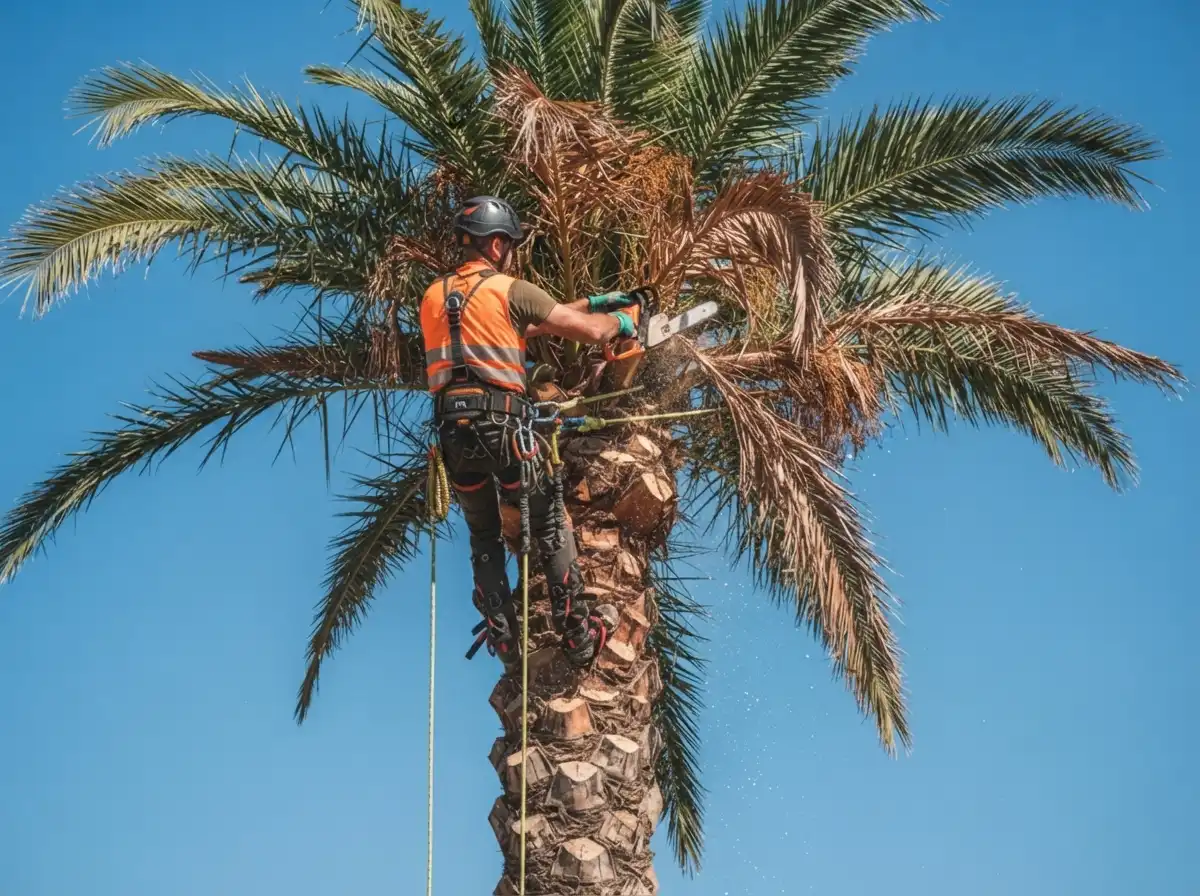 Arborista con trepadores podando con motosierra una palmera canaria de gran altura durante una poda de palmeras en una finca.