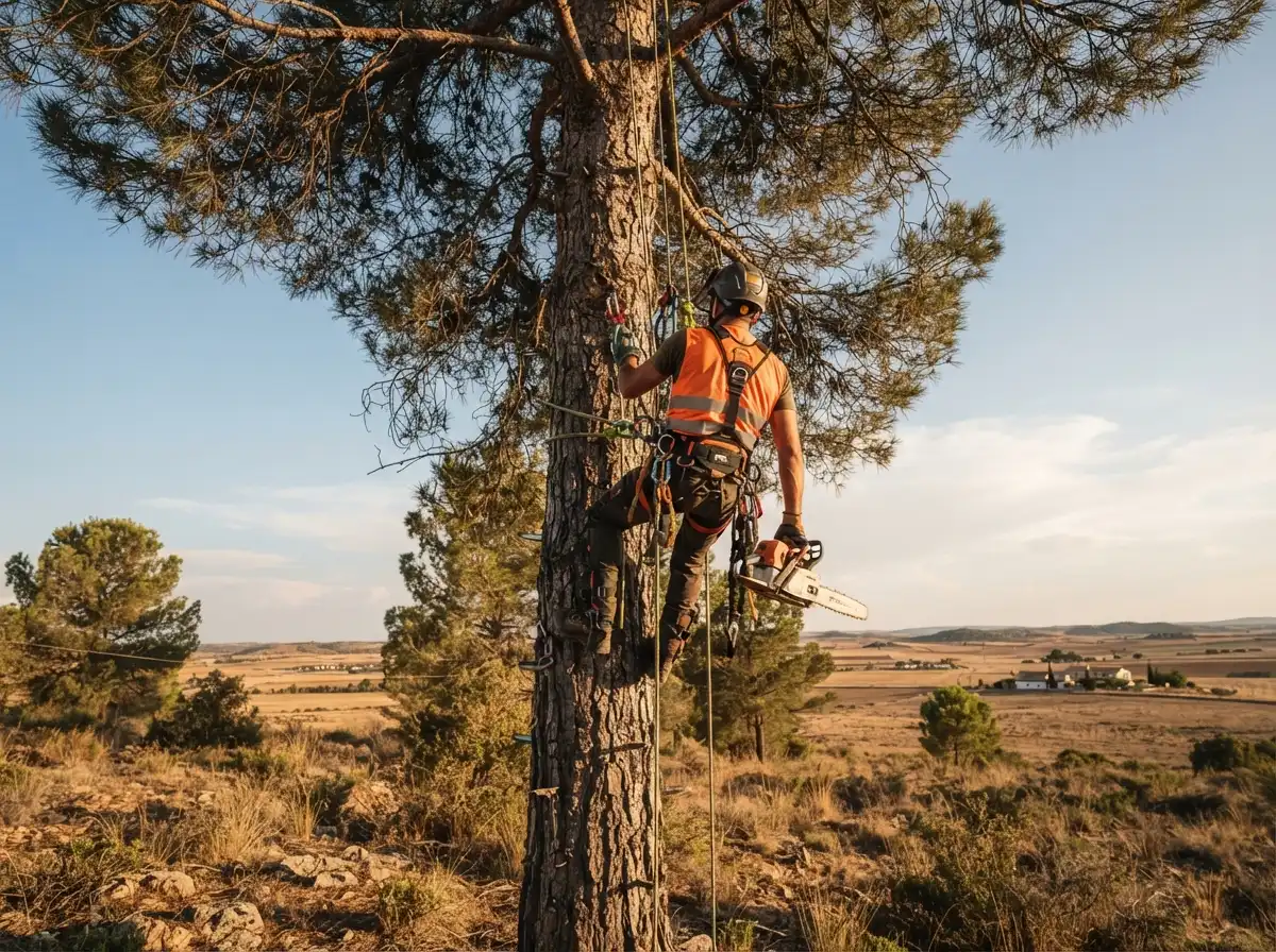 Arborista profesional con arnés naranja hi-vis y casco subido con cuerdas a un pino en una parcela de Albacete durante una poda en altura.