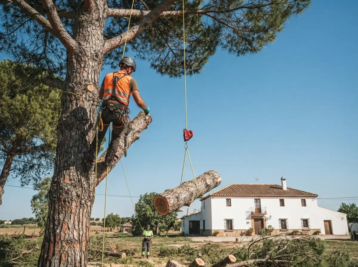 Tala controlada por seccionado de un pino con cuerda de seguridad frente a una casa de pueblo con tejado de teja.